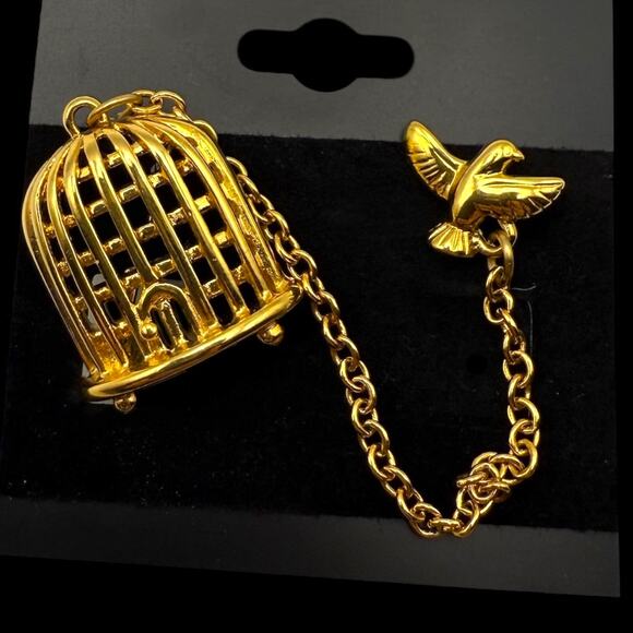 Vintage MONET Bird with Cage Brooch Gold Tone Chain Pin Signed - Picture 1 of 7